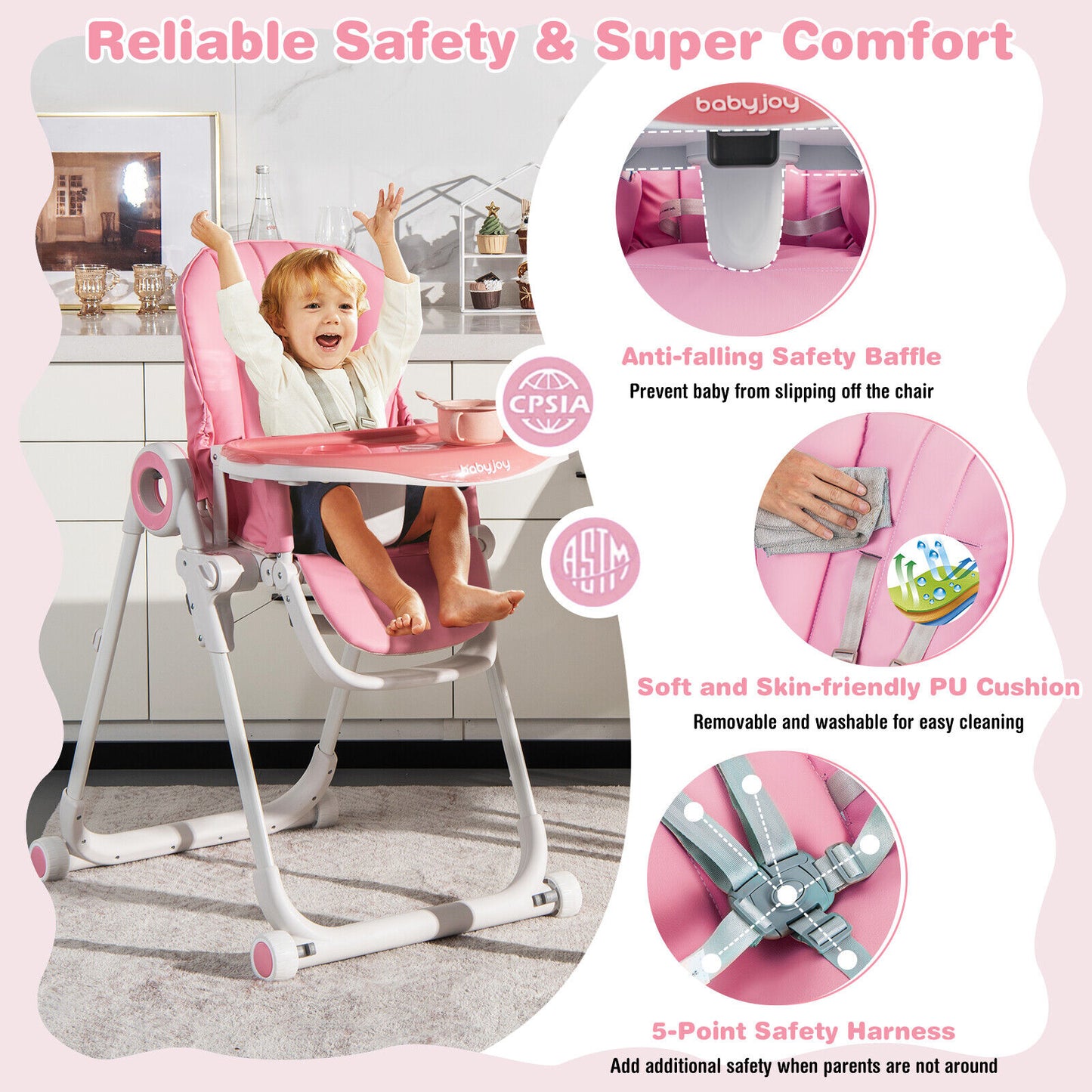 Baby High Chair Foldable Feeding Chair with 4 Lockable Wheels-Pink Kids Crystal