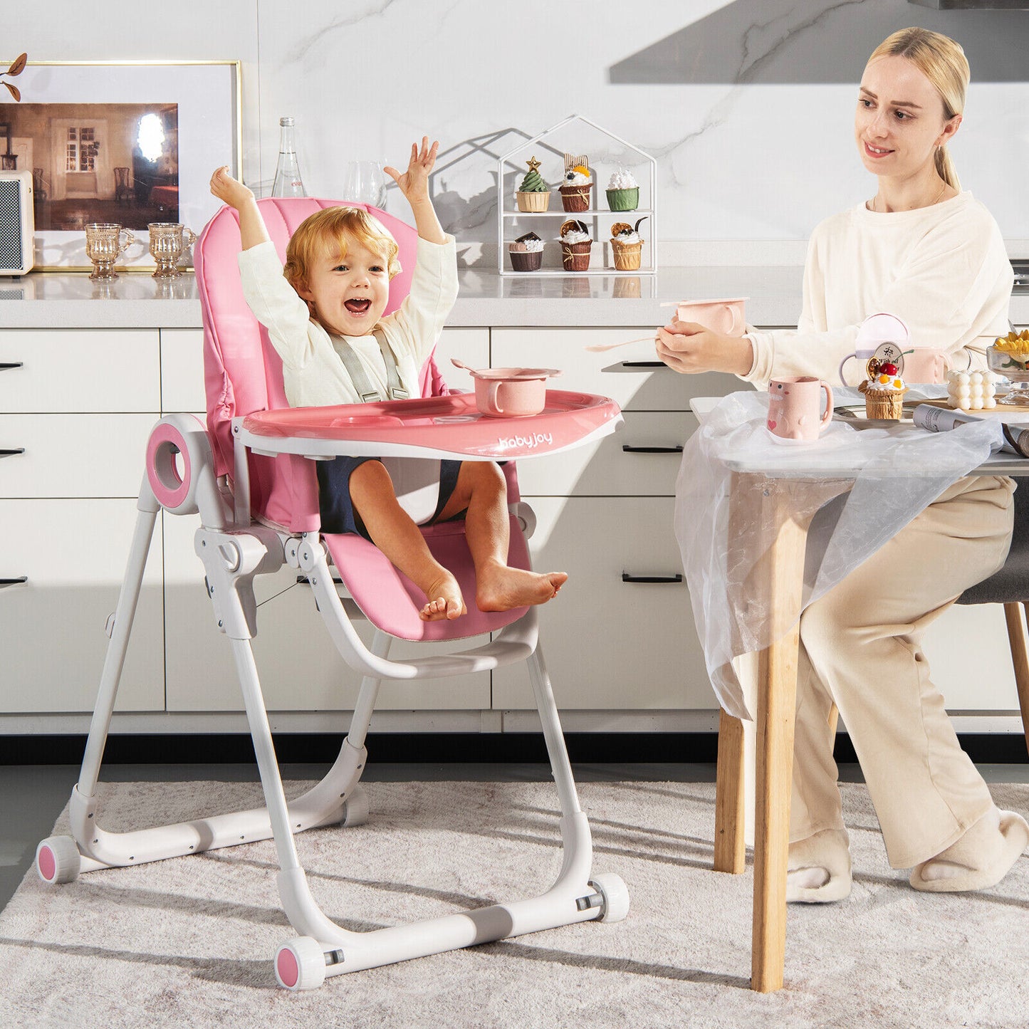 Baby High Chair Foldable Feeding Chair with 4 Lockable Wheels-Pink Kids Crystal