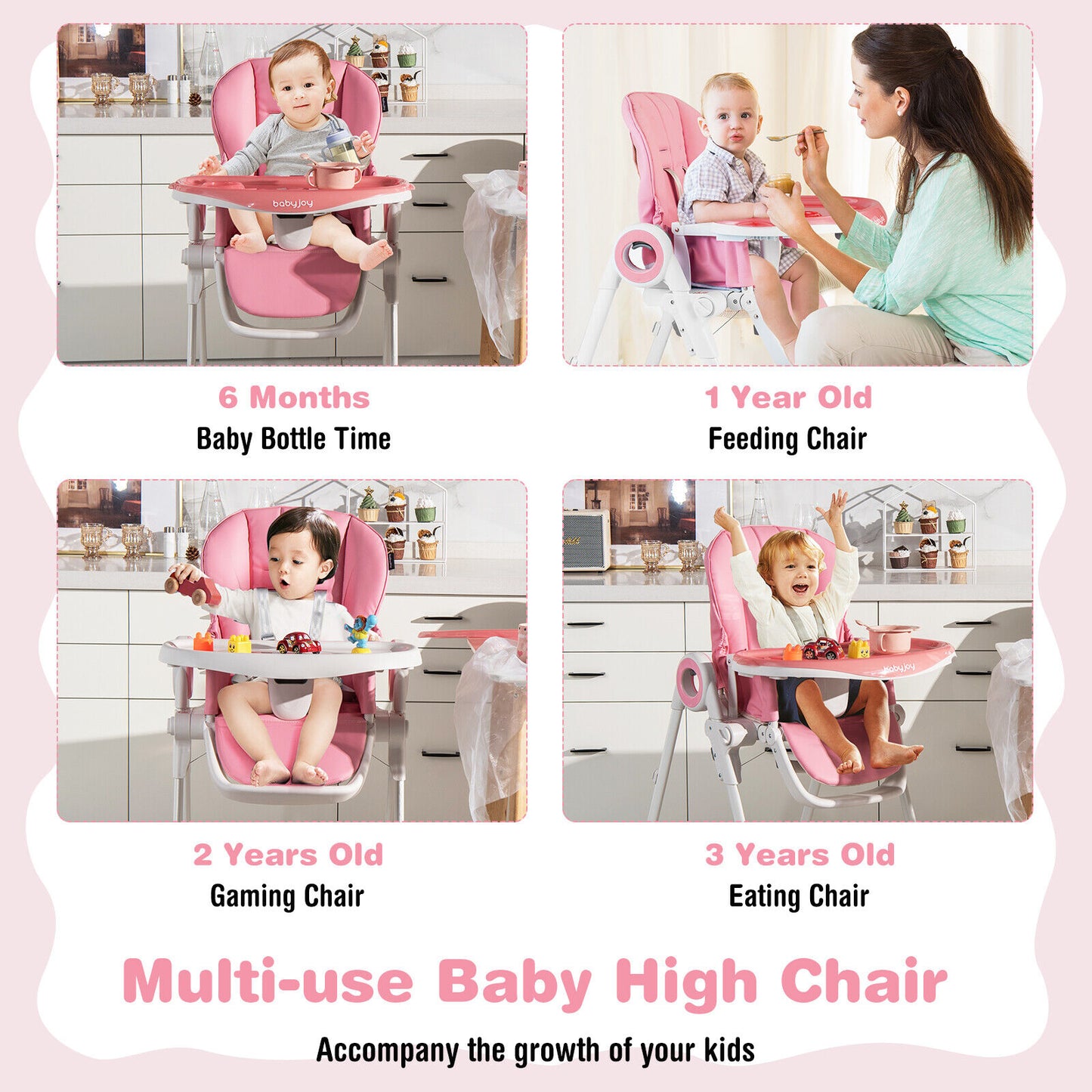 Baby High Chair Foldable Feeding Chair with 4 Lockable Wheels-Pink Kids Crystal