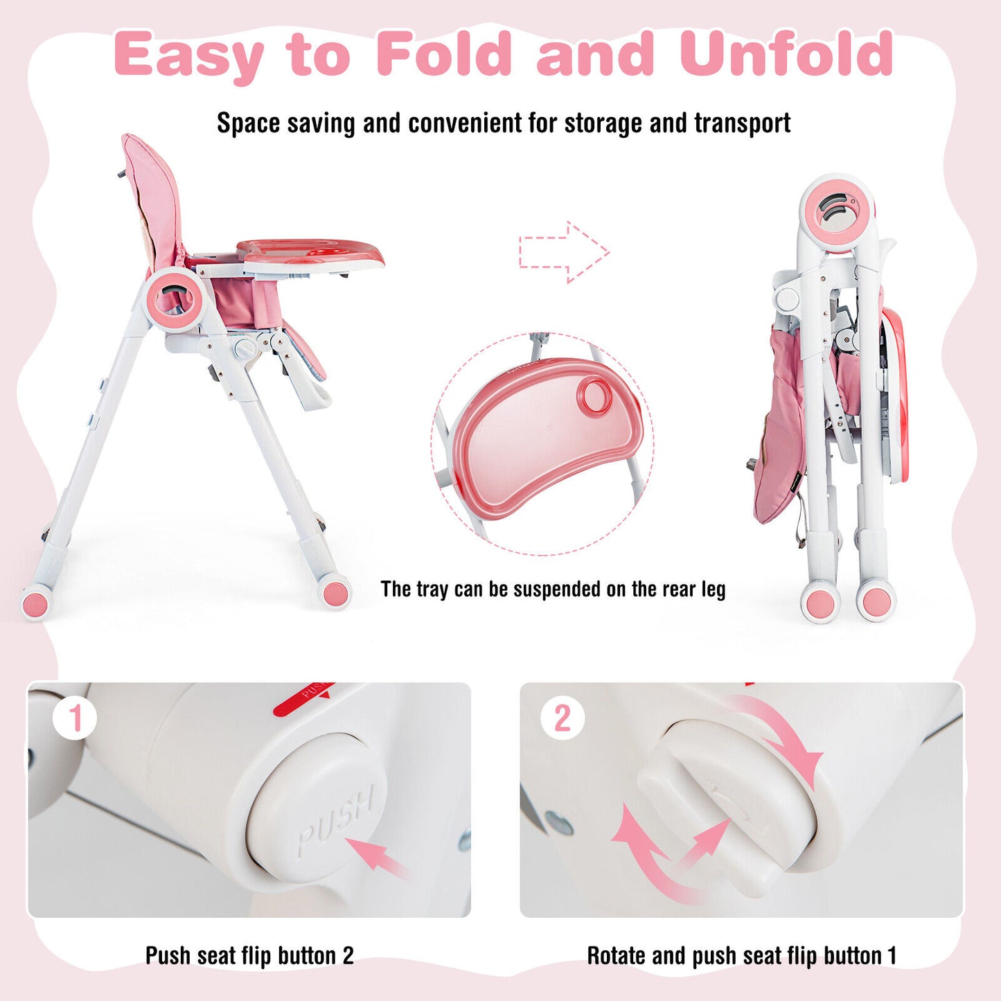 Baby High Chair Foldable Feeding Chair with 4 Lockable Wheels-Pink Kids Crystal