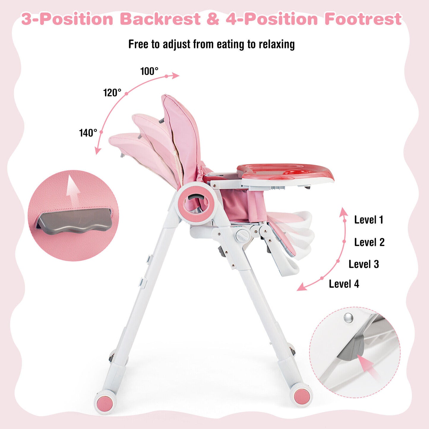 Baby High Chair Foldable Feeding Chair with 4 Lockable Wheels-Pink Kids Crystal