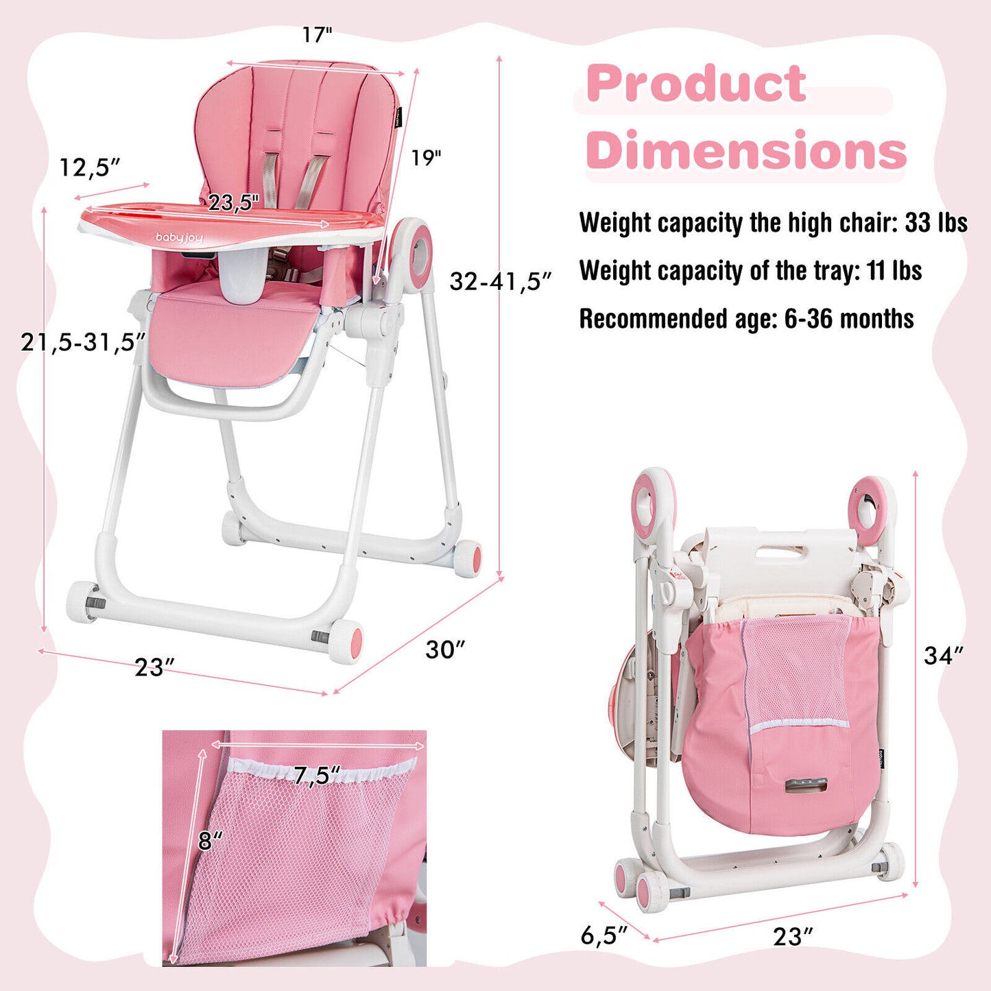 Baby High Chair Foldable Feeding Chair with 4 Lockable Wheels-Pink Kids Crystal