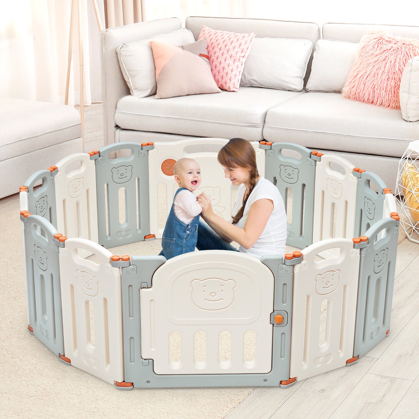 Foldable Baby Playpen 14 Panel Activity Center Safety Play Yard-Beige Kids Crystal