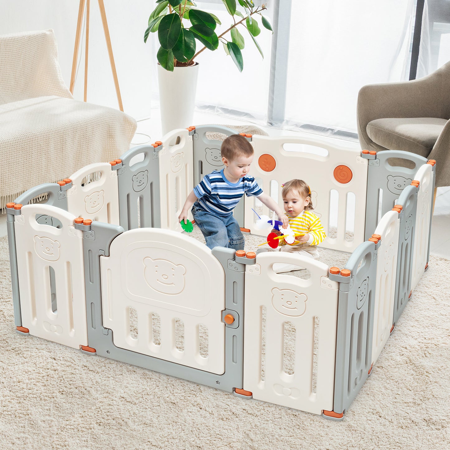 Foldable Baby Playpen 14 Panel Activity Center Safety Play Yard-Beige Kids Crystal