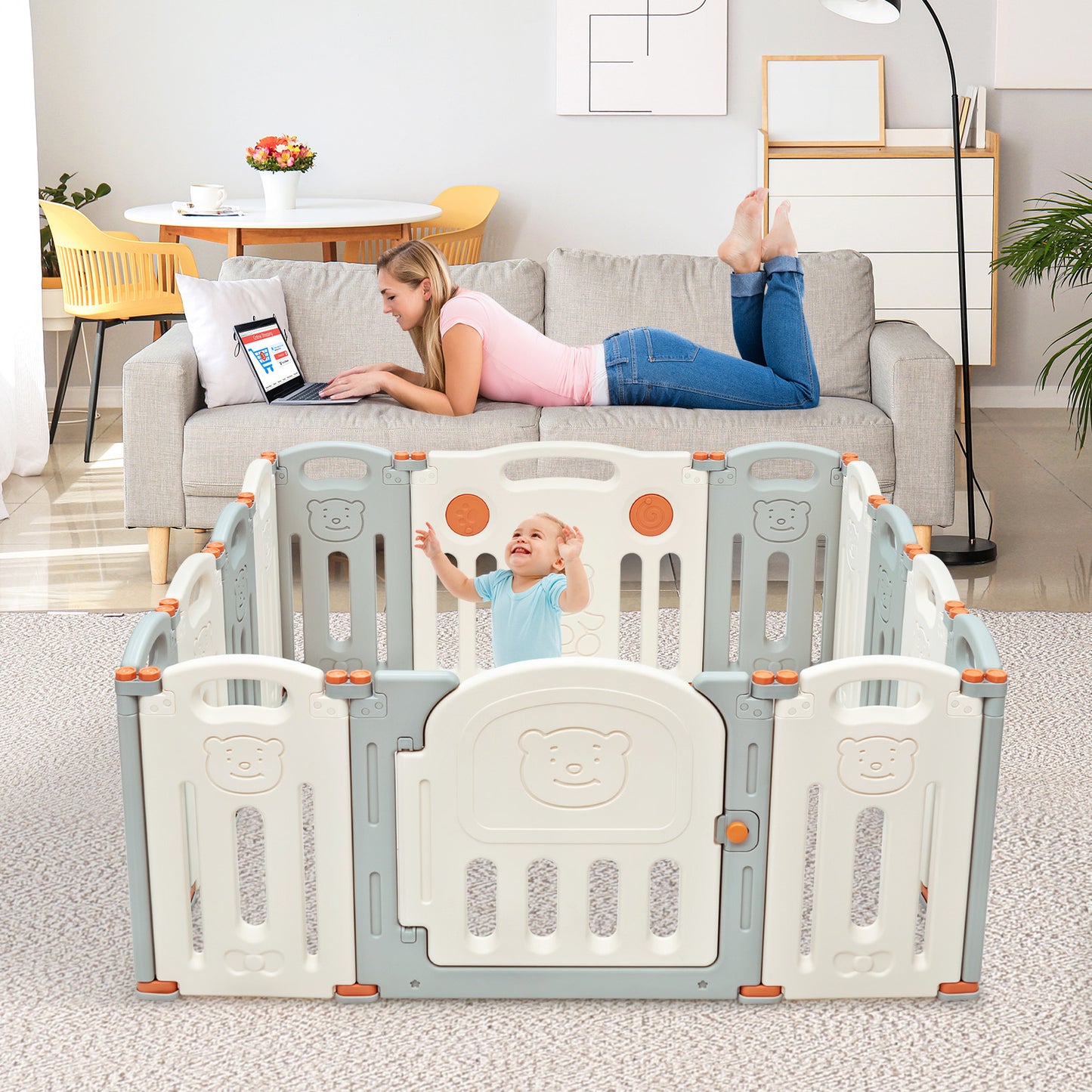 Foldable Baby Playpen 14 Panel Activity Center Safety Play Yard-Beige Kids Crystal
