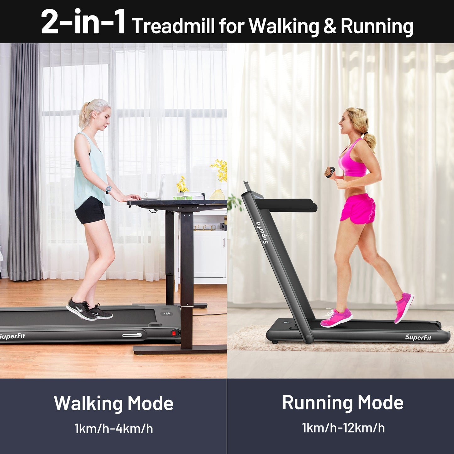 2-in-1 Electric Motorized Folding Treadmill with Dual Display-Black Kids Crystal