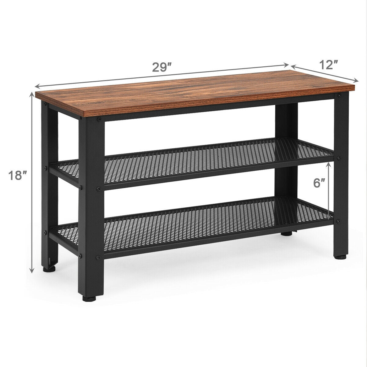 3-Tier Shoe Rack Industrial Shoe Bench with Storage Shelves-Brown Kids Crystal