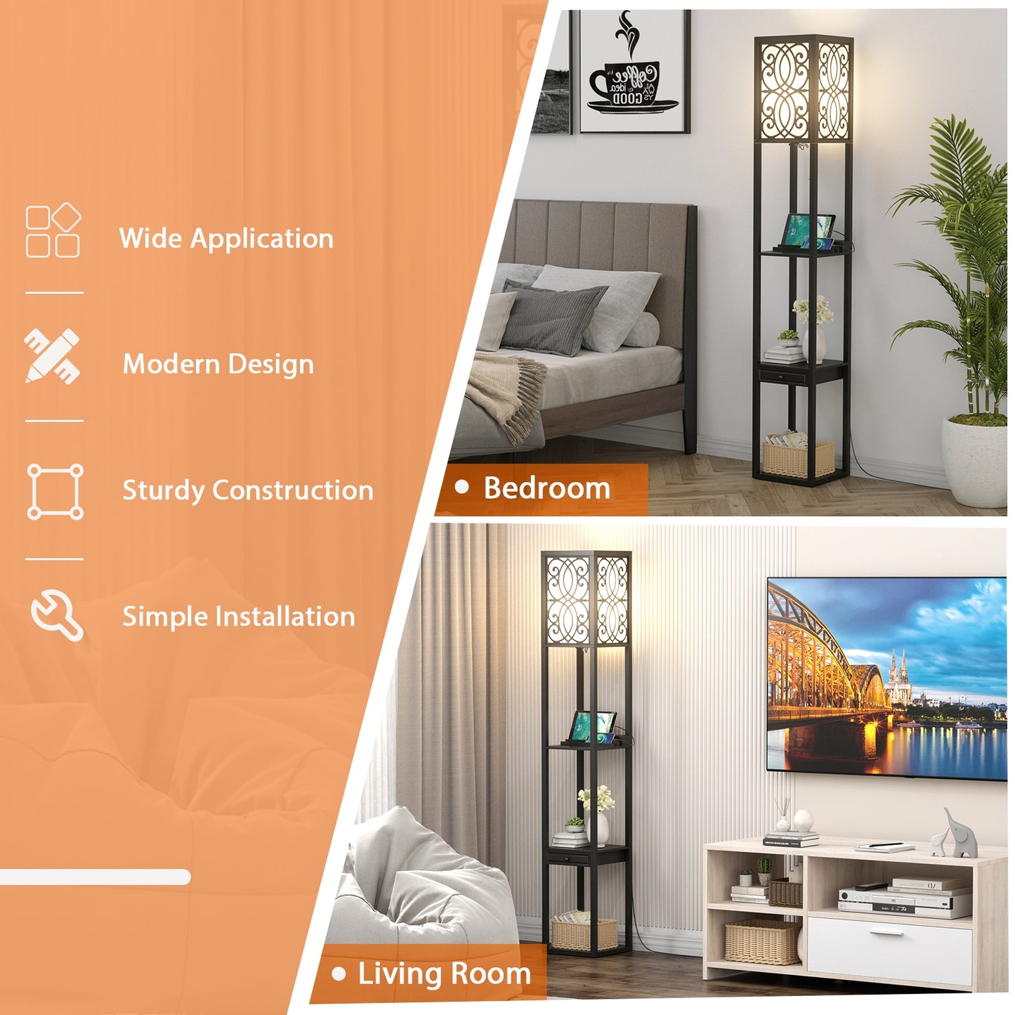 Modern Standing Shelf Lamp with 1 Power Outlet and 2 USB Ports Kids Crystal