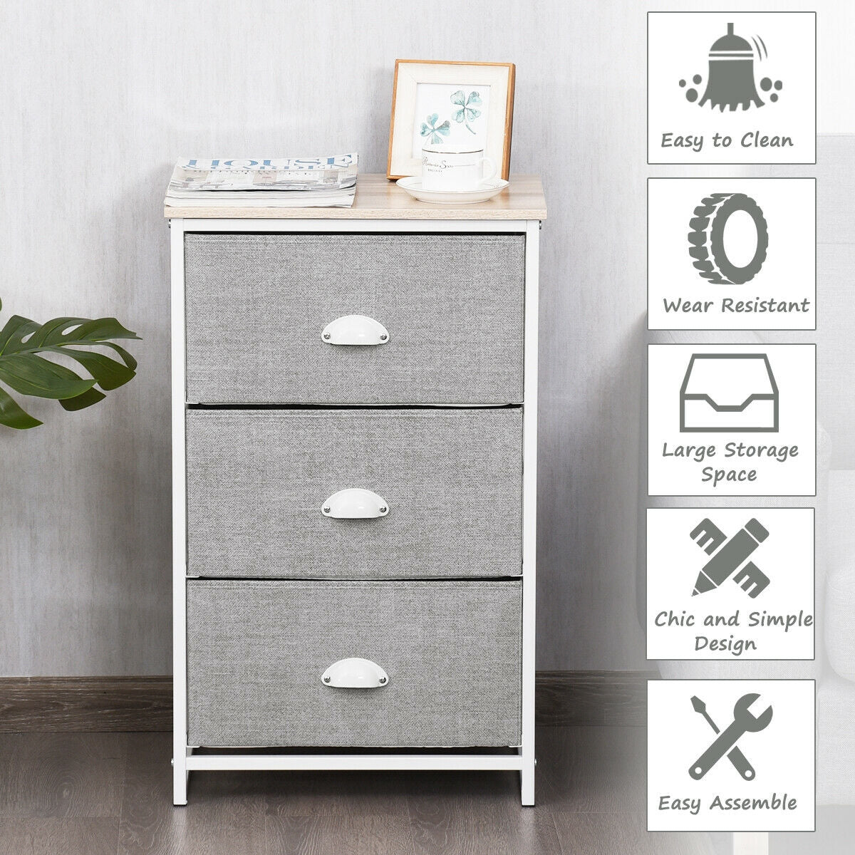 Nightstand Side Table Storage Tower Dresser Chest with 3 Drawers-Gray Kids Crystal