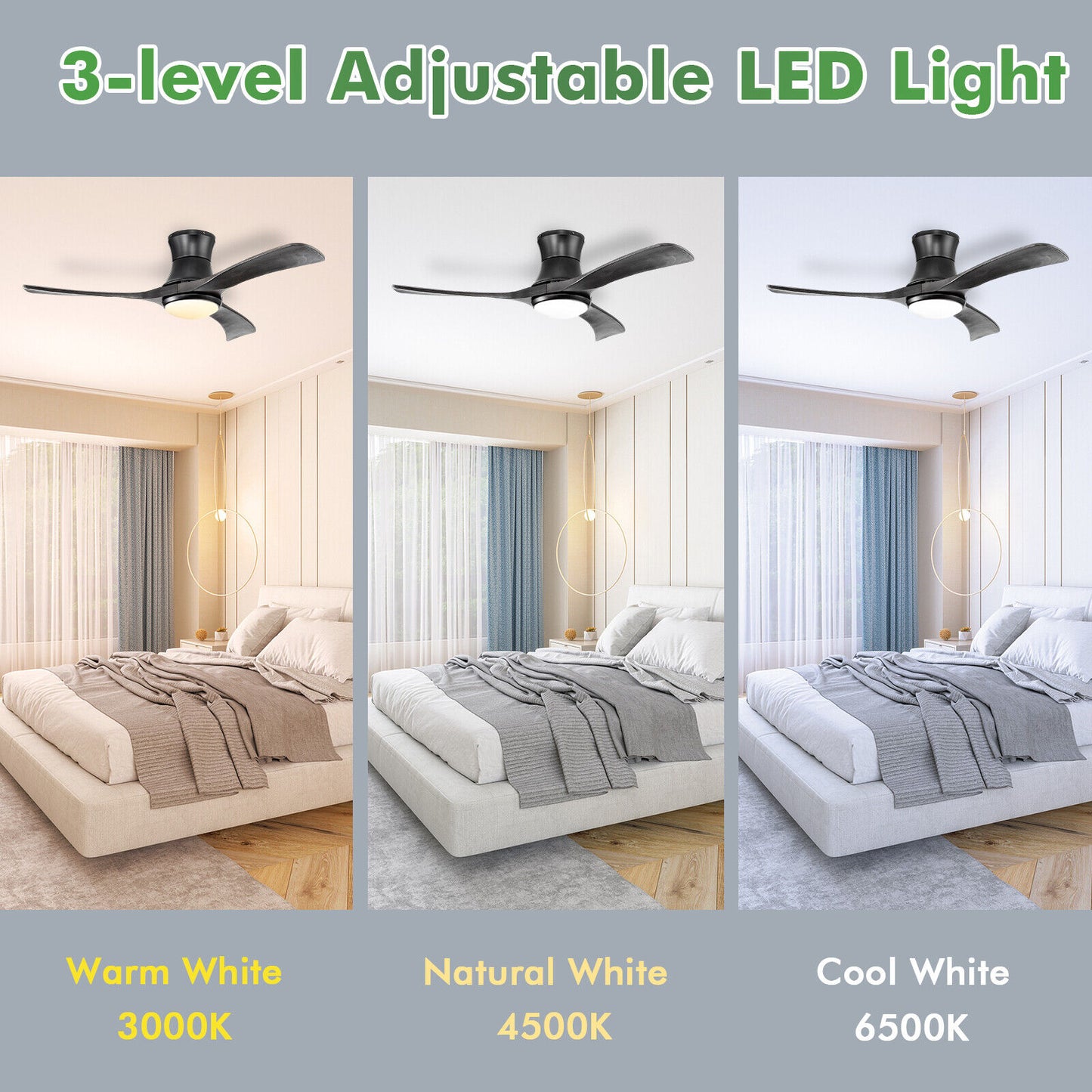 52 Inch Flush Mount Ceiling Fan with LED Light-Black Kids Crystal