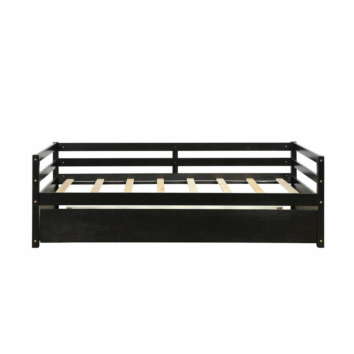 Twin Size Trundle Platform Bed Frame with Wooden Slat Support-Dark Brown Kids Crystal