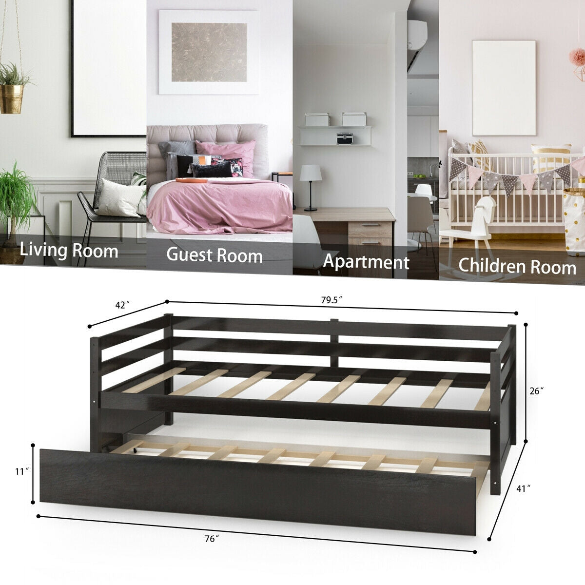 Twin Size Trundle Platform Bed Frame with Wooden Slat Support-Dark Brown Kids Crystal
