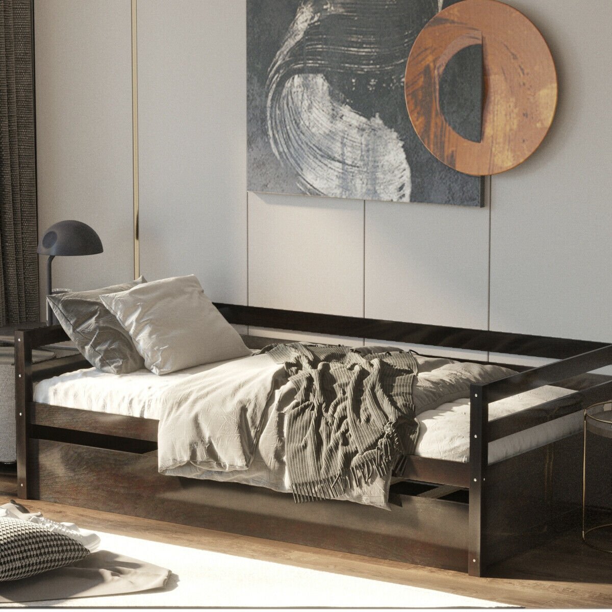 Twin Size Trundle Platform Bed Frame with Wooden Slat Support-Dark Brown Kids Crystal