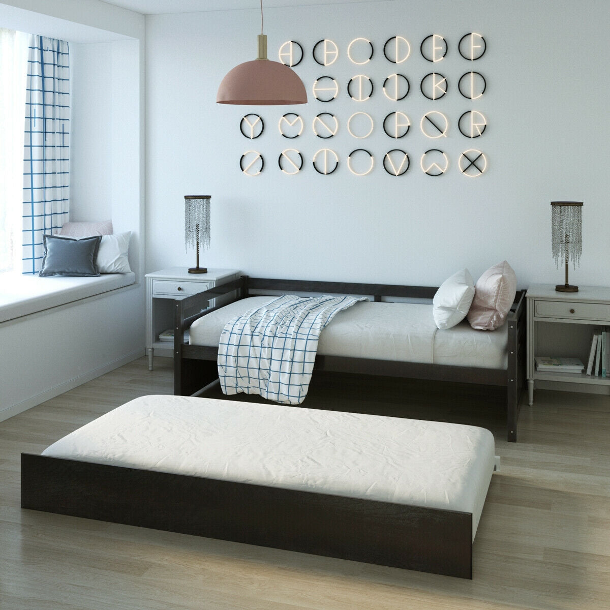 Twin Size Trundle Platform Bed Frame with Wooden Slat Support-Dark Brown Kids Crystal