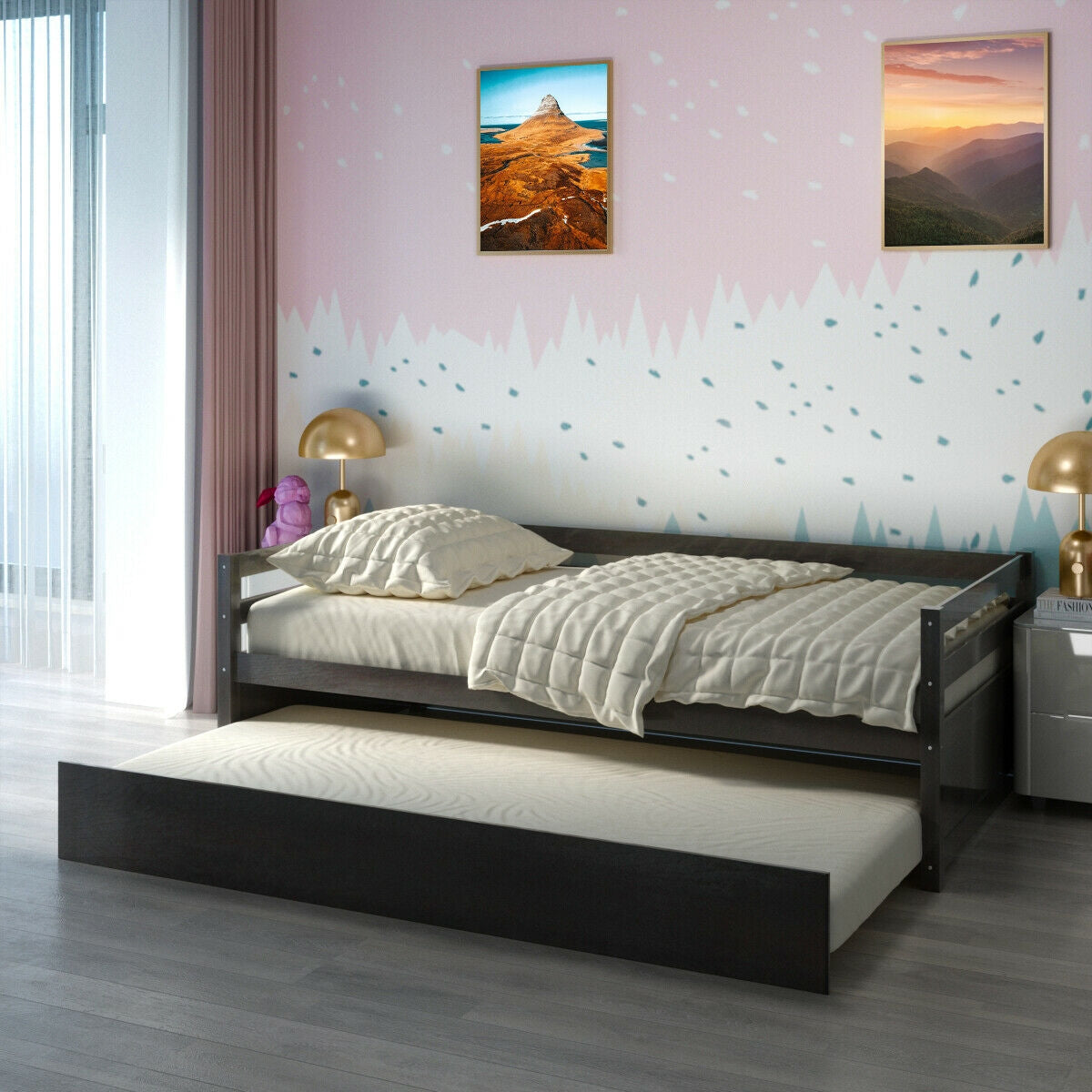 Twin Size Trundle Platform Bed Frame with Wooden Slat Support-Dark Brown Kids Crystal