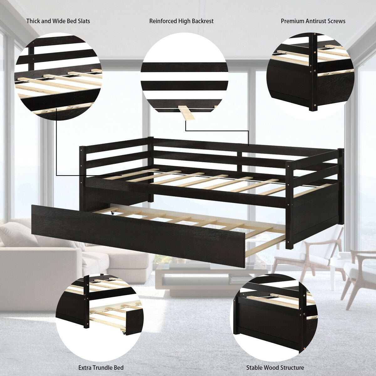Twin Size Trundle Platform Bed Frame with Wooden Slat Support-Dark Brown Kids Crystal