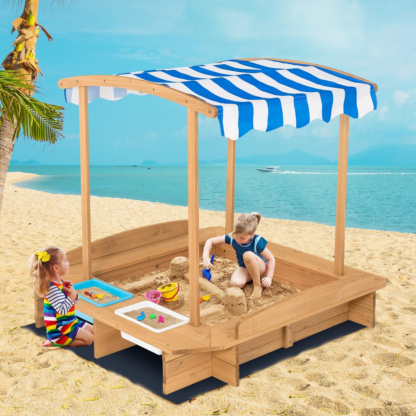 Kids Wooden Sandbox with Striped Canopy Kids Crystal