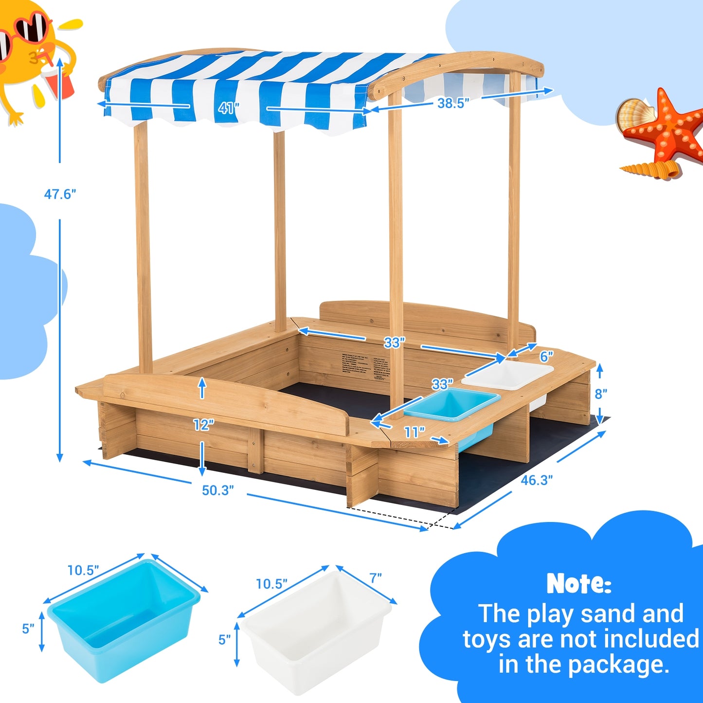 Kids Wooden Sandbox with Striped Canopy Kids Crystal
