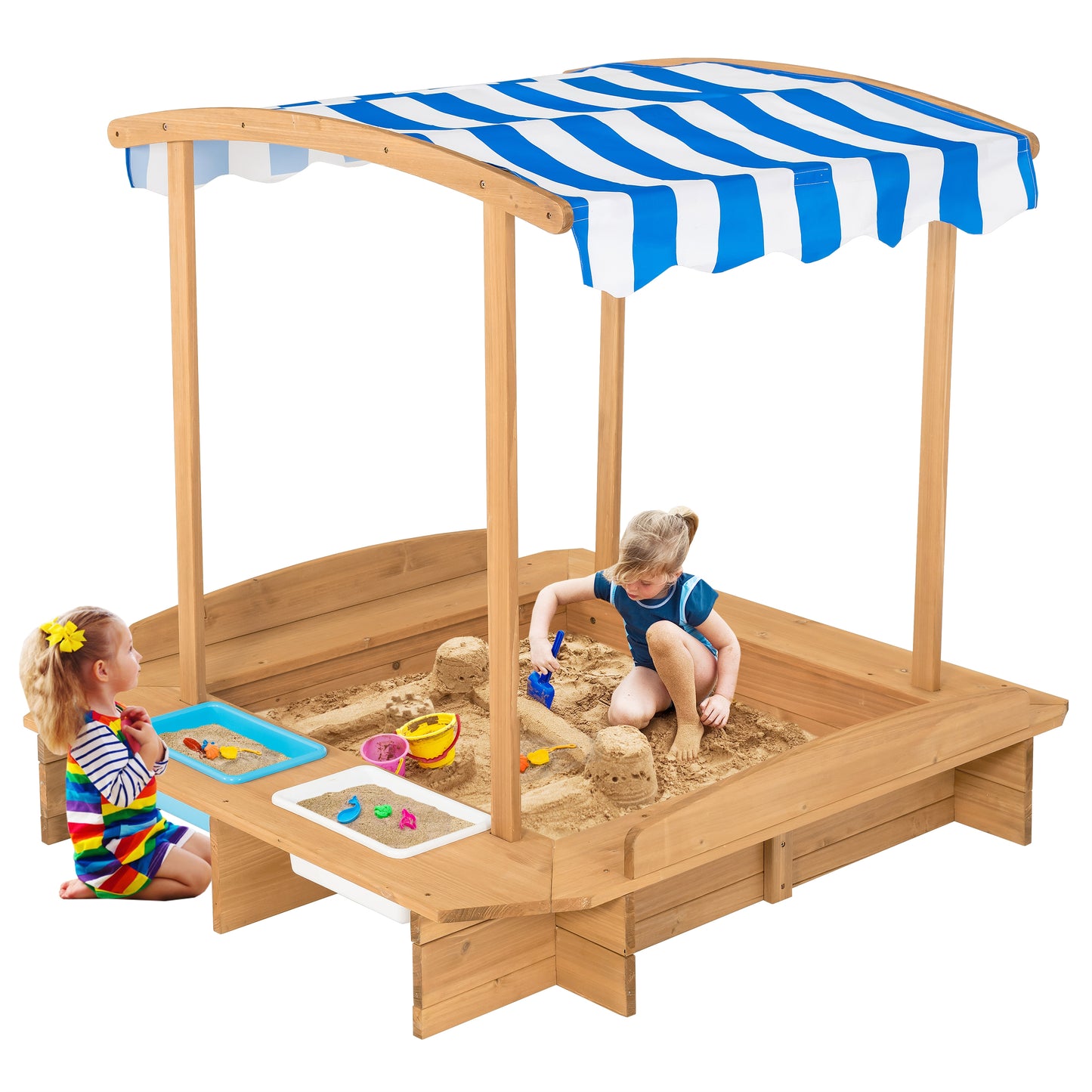 Kids Wooden Sandbox with Striped Canopy Kids Crystal