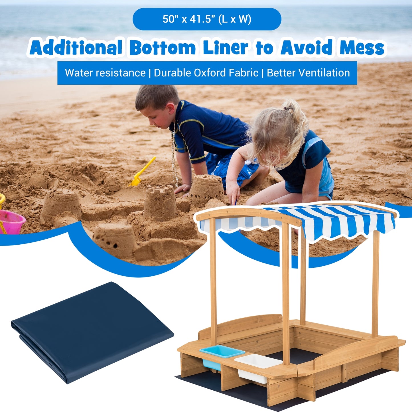 Kids Wooden Sandbox with Striped Canopy Kids Crystal
