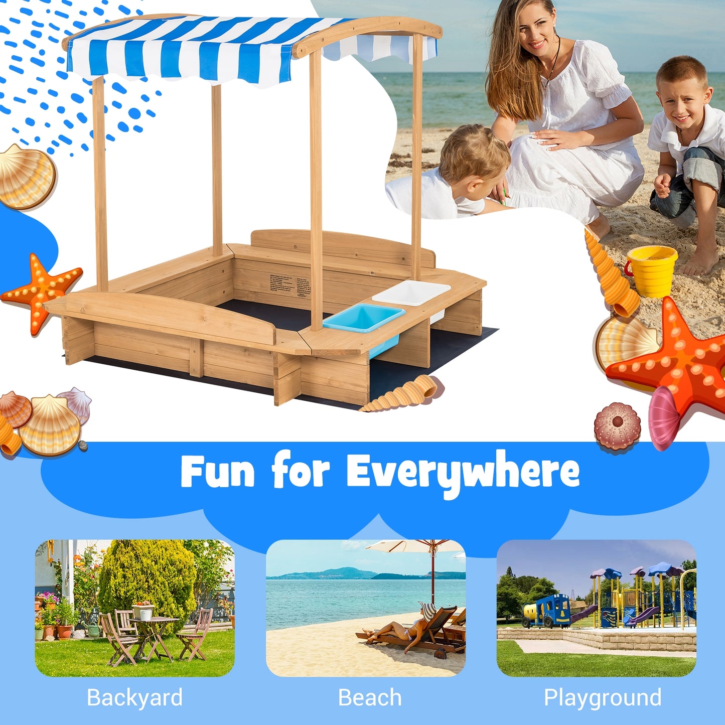 Kids Wooden Sandbox with Striped Canopy Kids Crystal