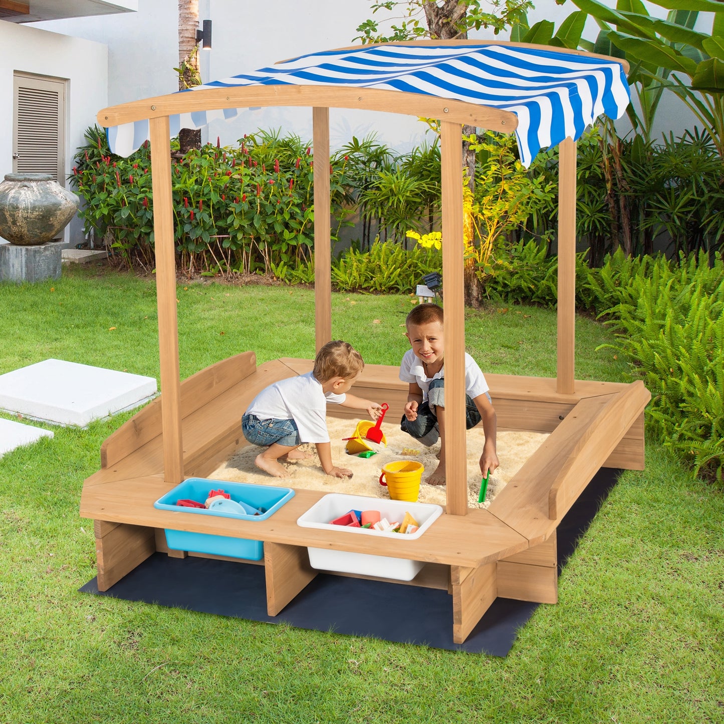 Kids Wooden Sandbox with Striped Canopy Kids Crystal
