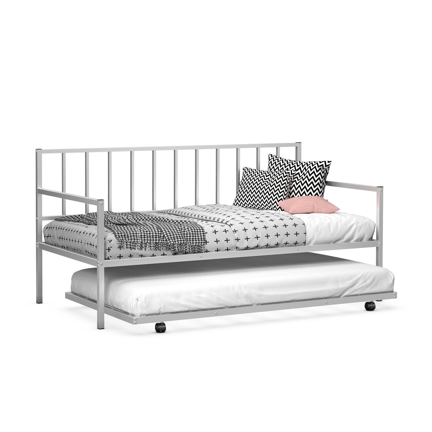 Twin Metal Daybed Sofa Bed Set with Roll Out Trundle-Silver Kids Crystal