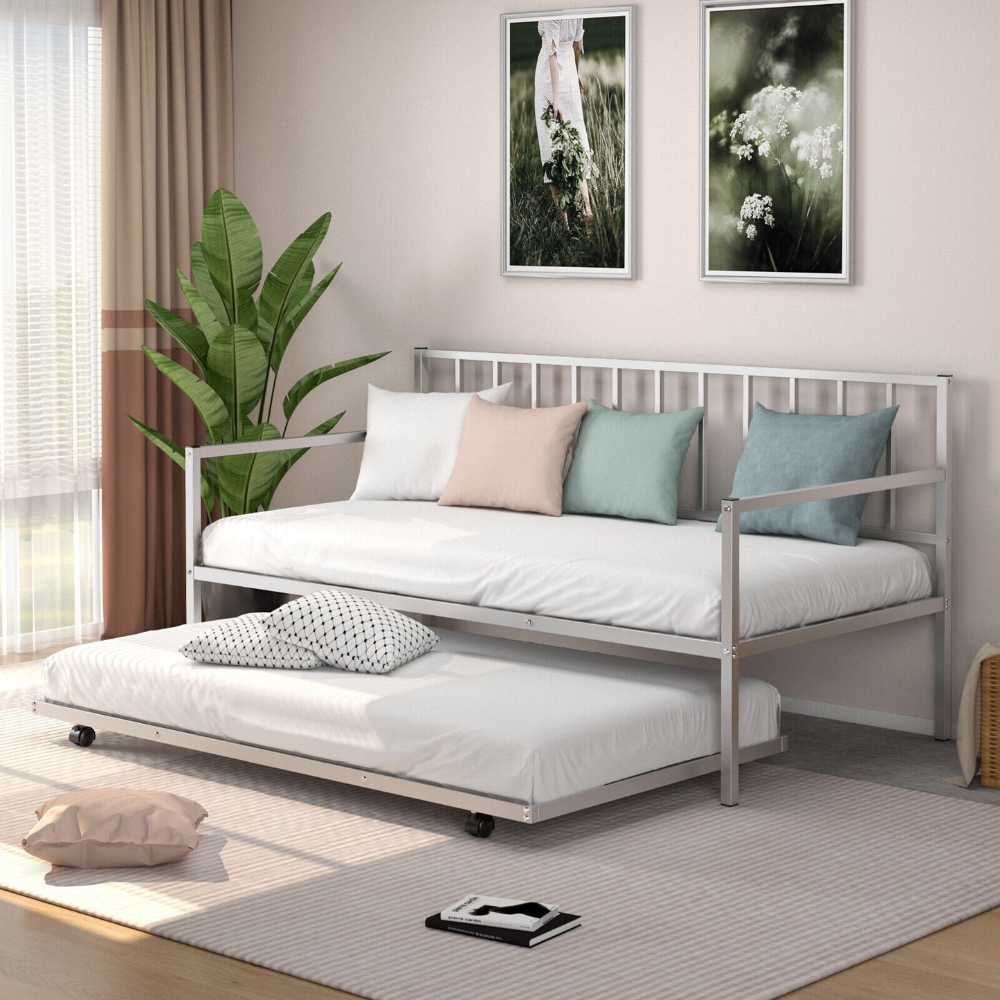 Twin Metal Daybed Sofa Bed Set with Roll Out Trundle-Silver Kids Crystal