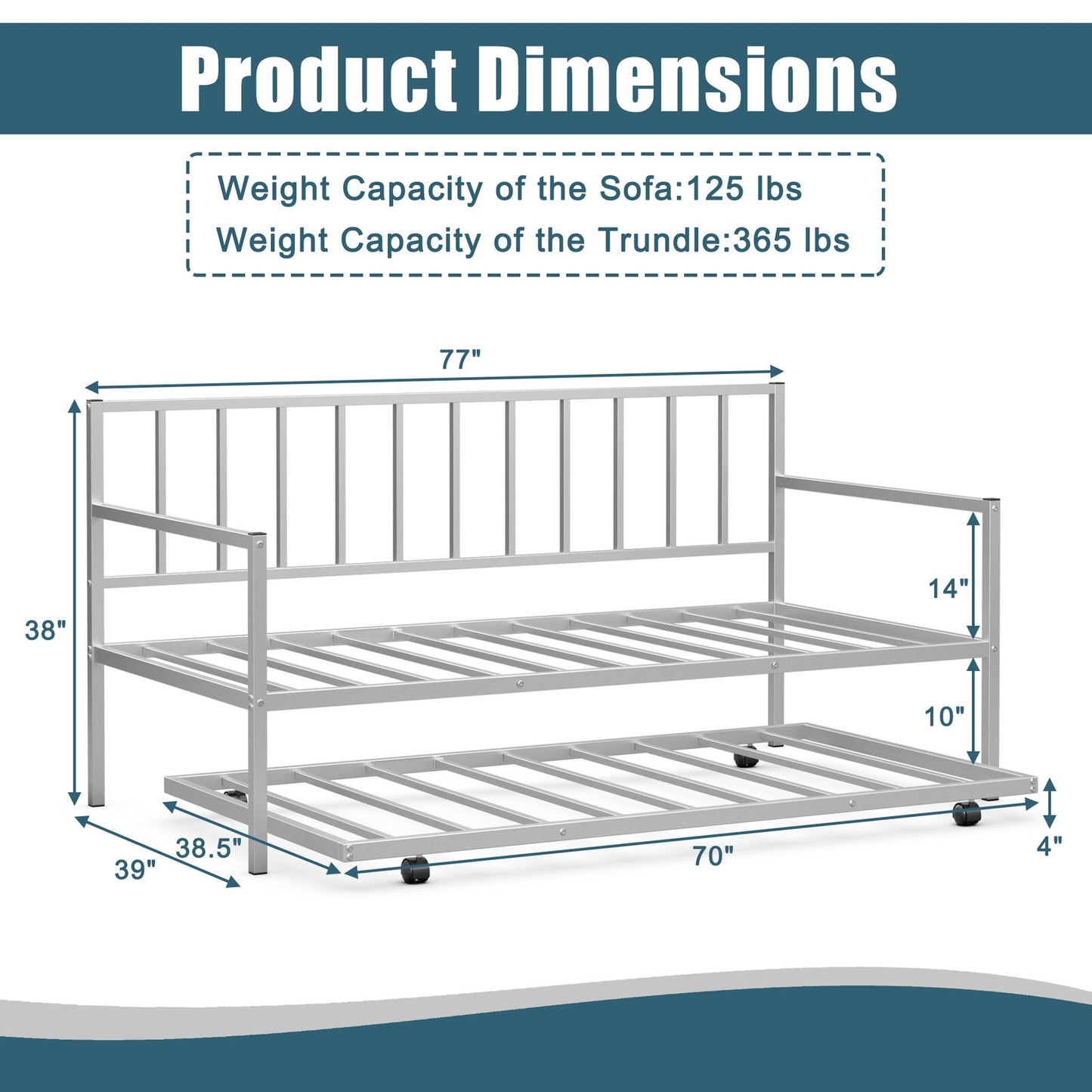 Twin Metal Daybed Sofa Bed Set with Roll Out Trundle-Silver Kids Crystal