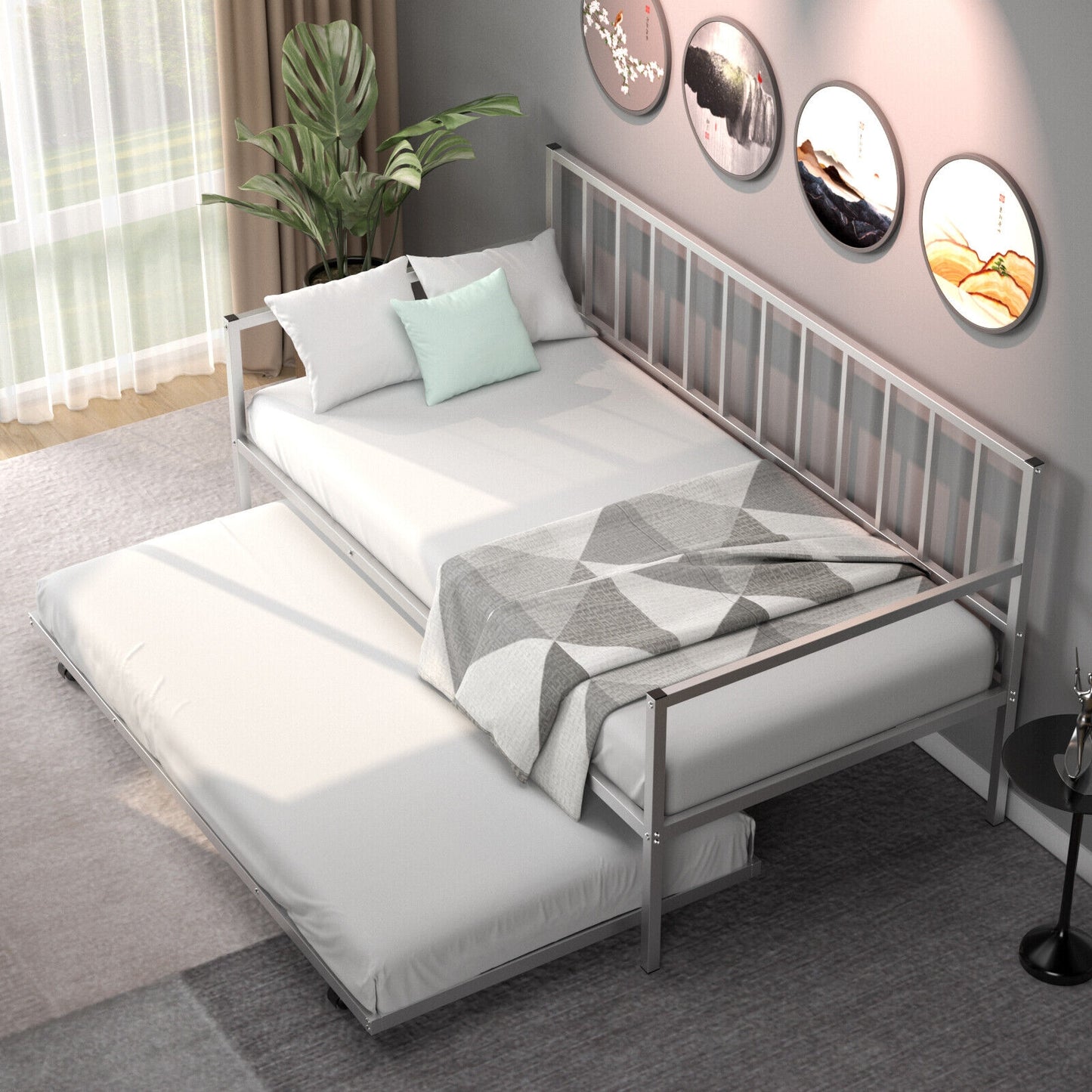 Twin Metal Daybed Sofa Bed Set with Roll Out Trundle-Silver Kids Crystal