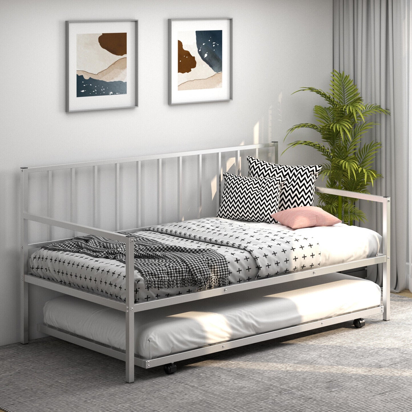 Twin Metal Daybed Sofa Bed Set with Roll Out Trundle-Silver Kids Crystal