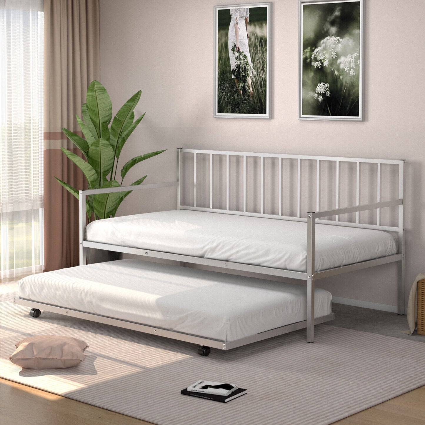 Twin Metal Daybed Sofa Bed Set with Roll Out Trundle-Silver Kids Crystal