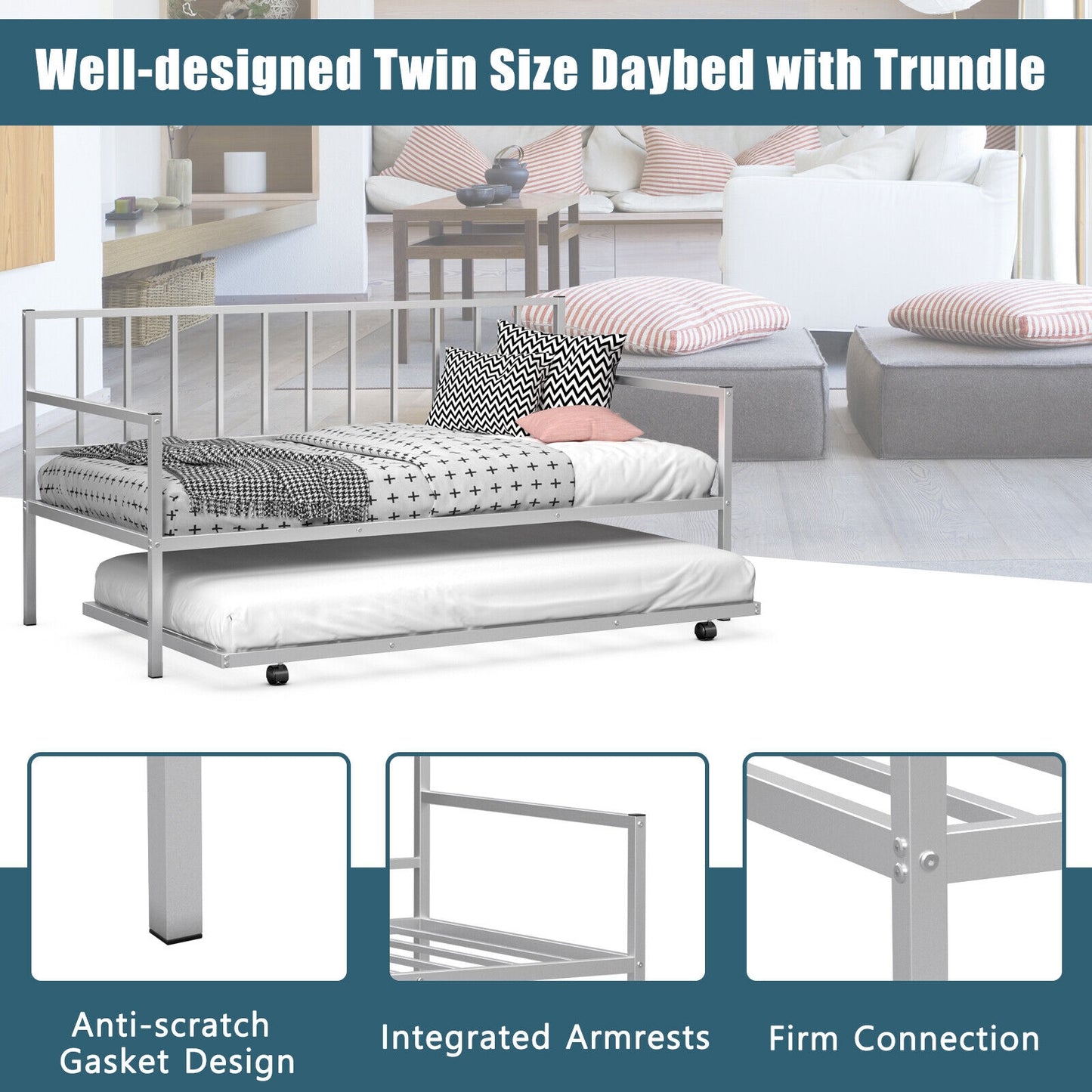 Twin Metal Daybed Sofa Bed Set with Roll Out Trundle-Silver Kids Crystal