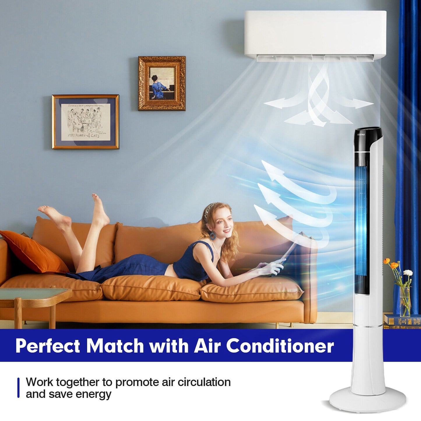 Portable 48 Inches Tower Fan with Remote Control-White Kids Crystal