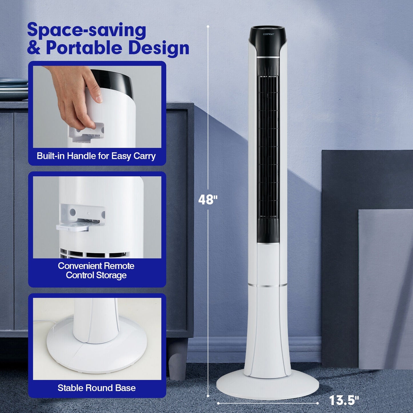 Portable 48 Inches Tower Fan with Remote Control-White Kids Crystal