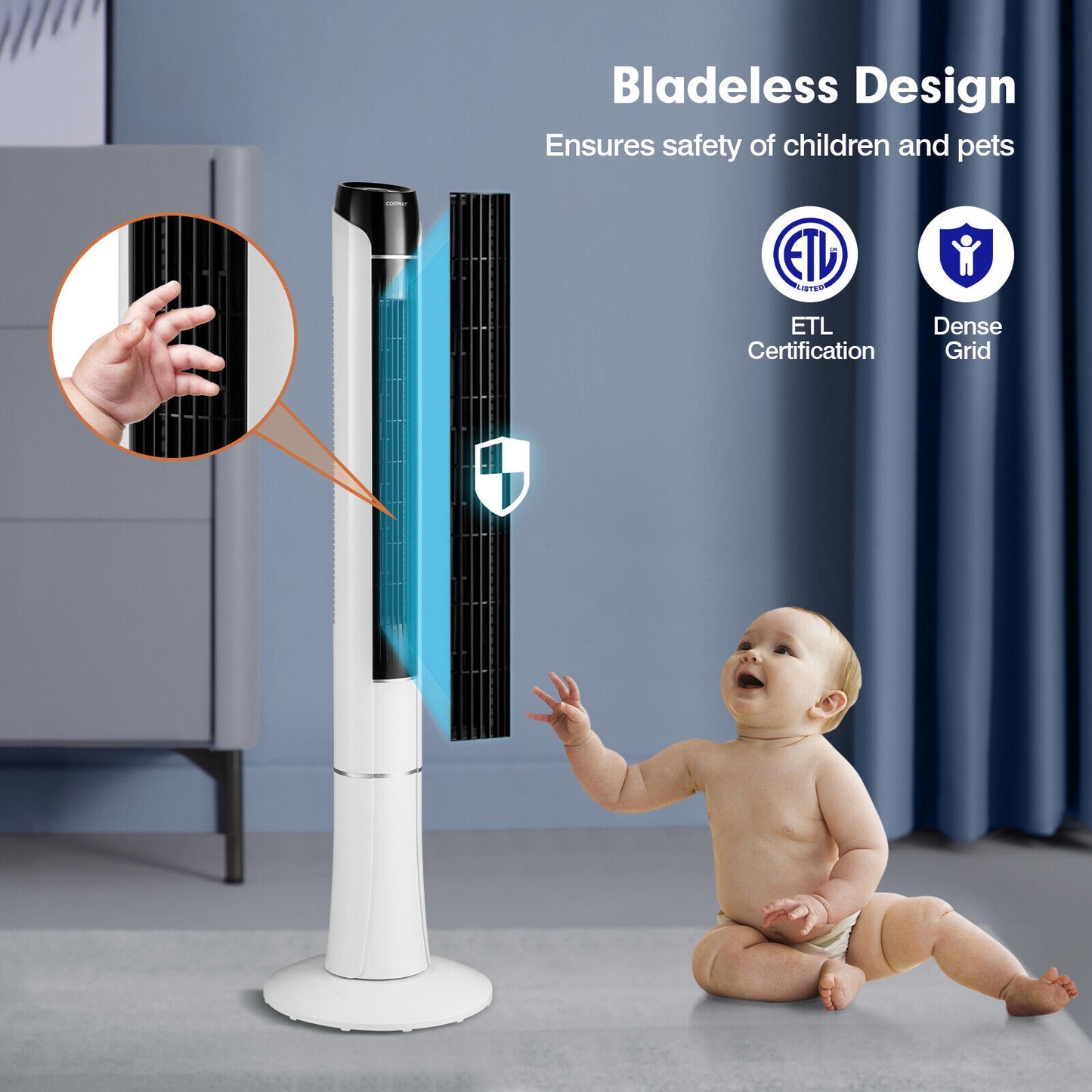 Portable 48 Inches Tower Fan with Remote Control-White Kids Crystal
