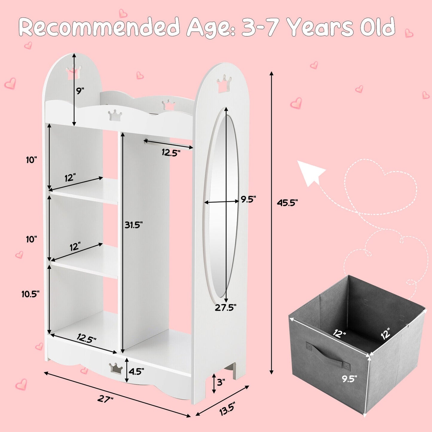 Kids Dress up Storage Costume Closet with Mirror and Toy Bins-White Kids Crystal