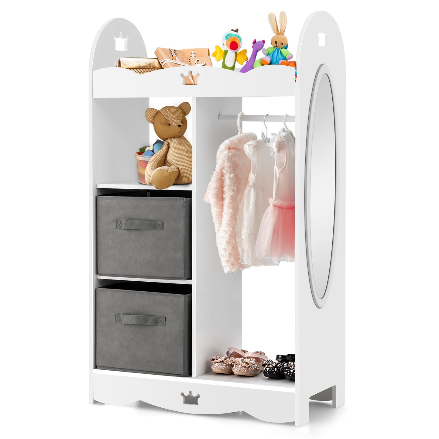 Kids Dress up Storage Costume Closet with Mirror and Toy Bins-White Kids Crystal
