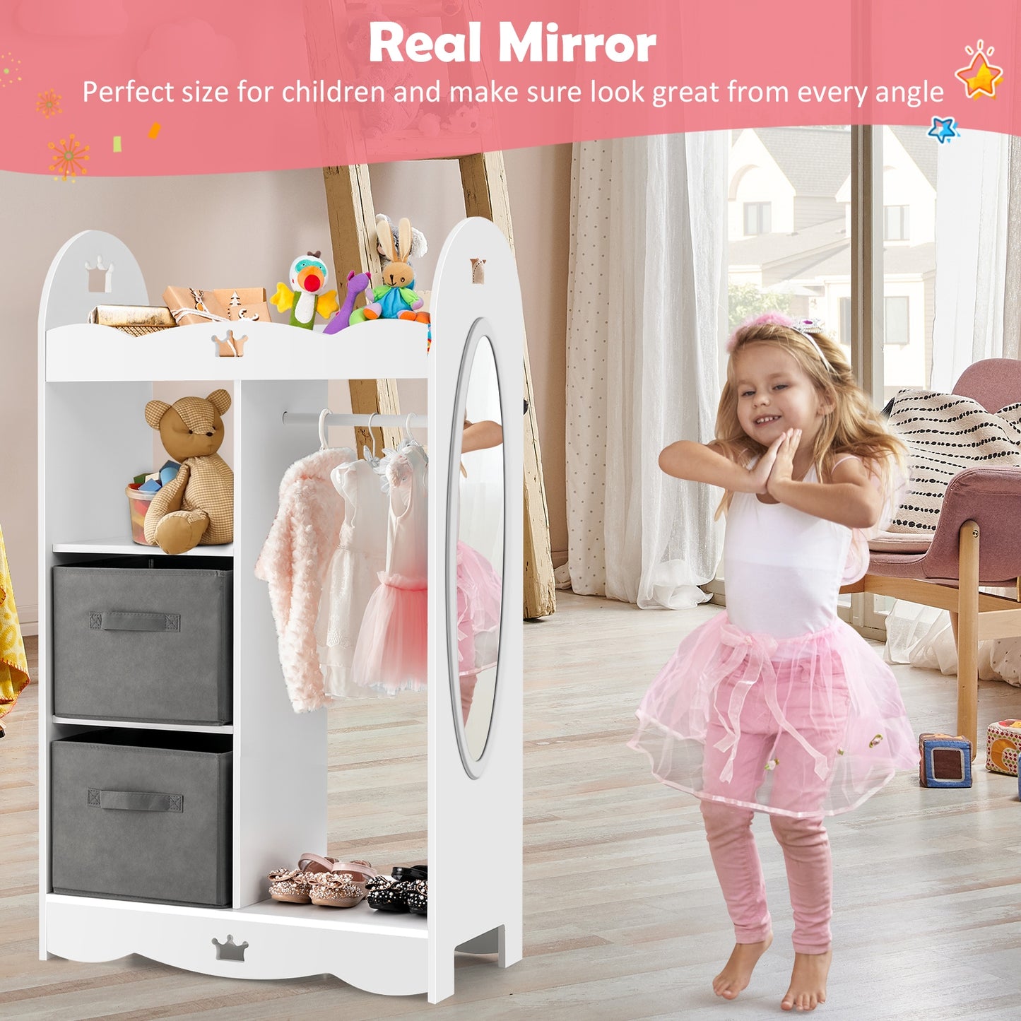 Kids Dress up Storage Costume Closet with Mirror and Toy Bins-White Kids Crystal
