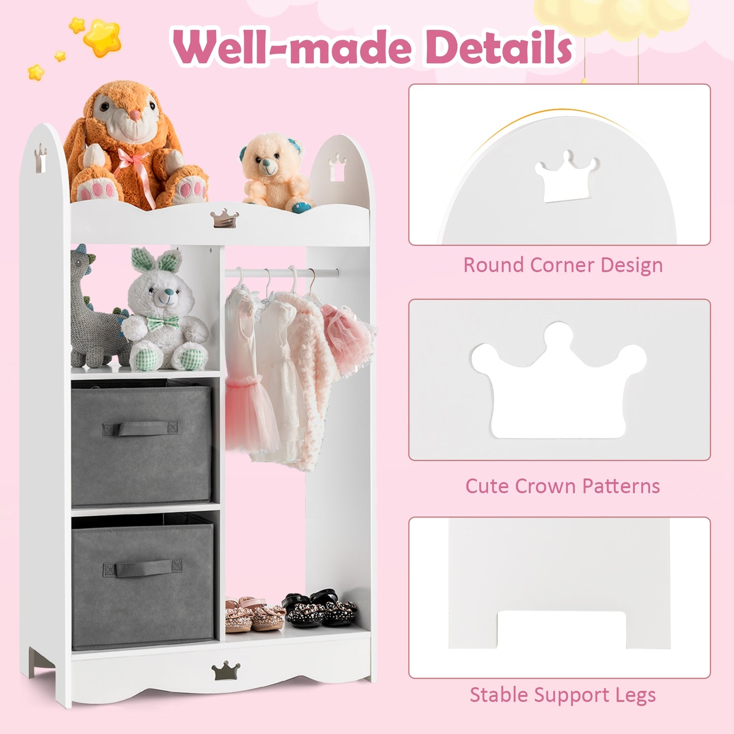 Kids Dress up Storage Costume Closet with Mirror and Toy Bins-White Kids Crystal