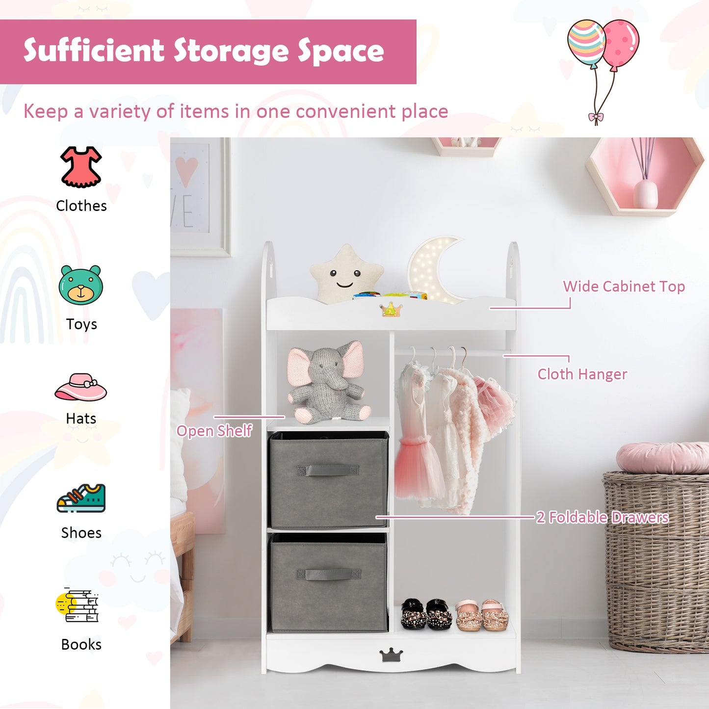 Kids Dress up Storage Costume Closet with Mirror and Toy Bins-White Kids Crystal