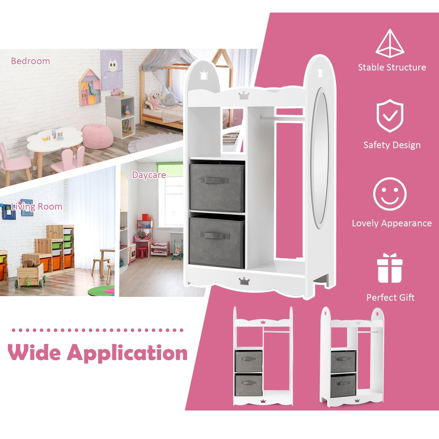 Kids Dress up Storage Costume Closet with Mirror and Toy Bins-White Kids Crystal