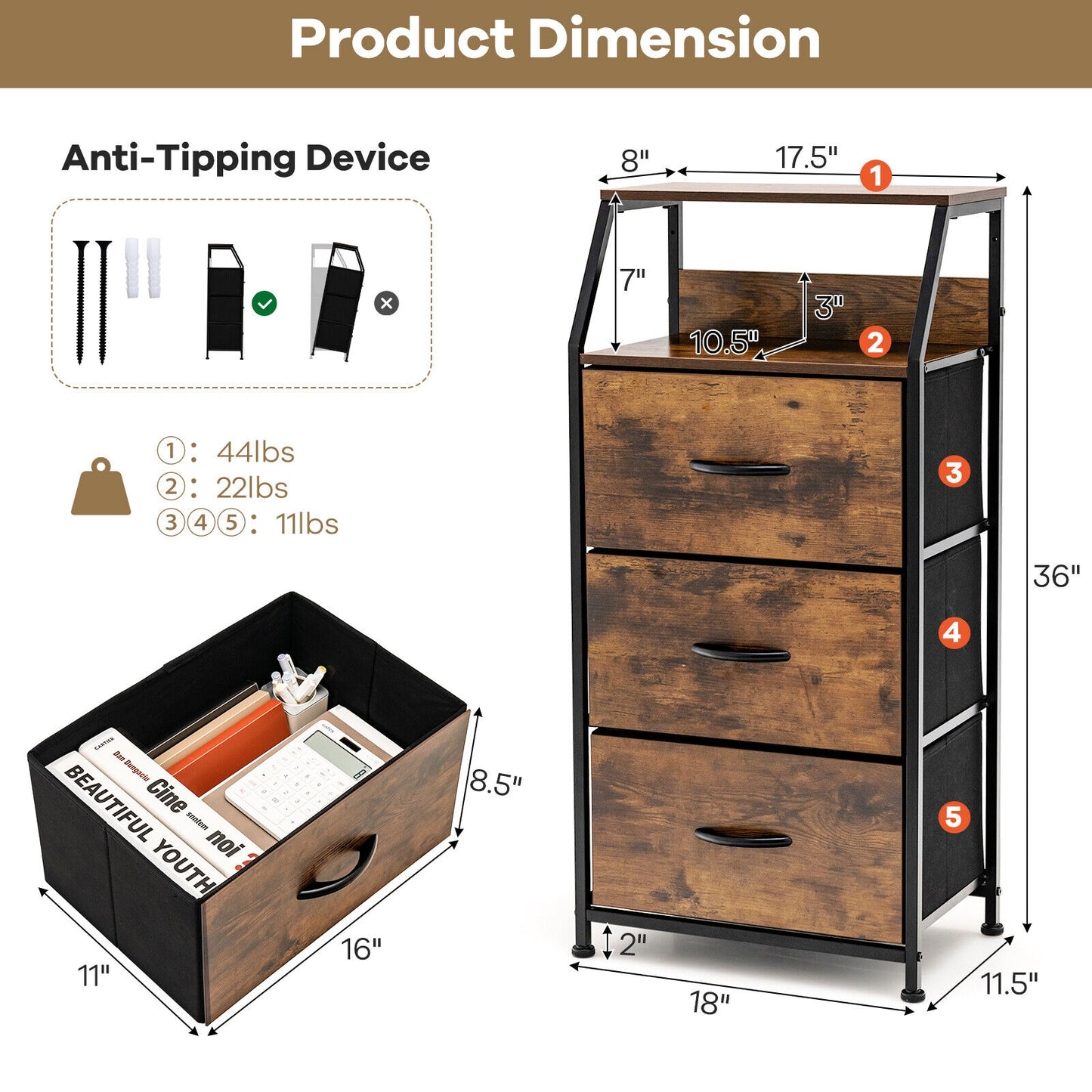 Freestanding Cabinet Dresser with Wooden Top Shelves-M Kids Crystal