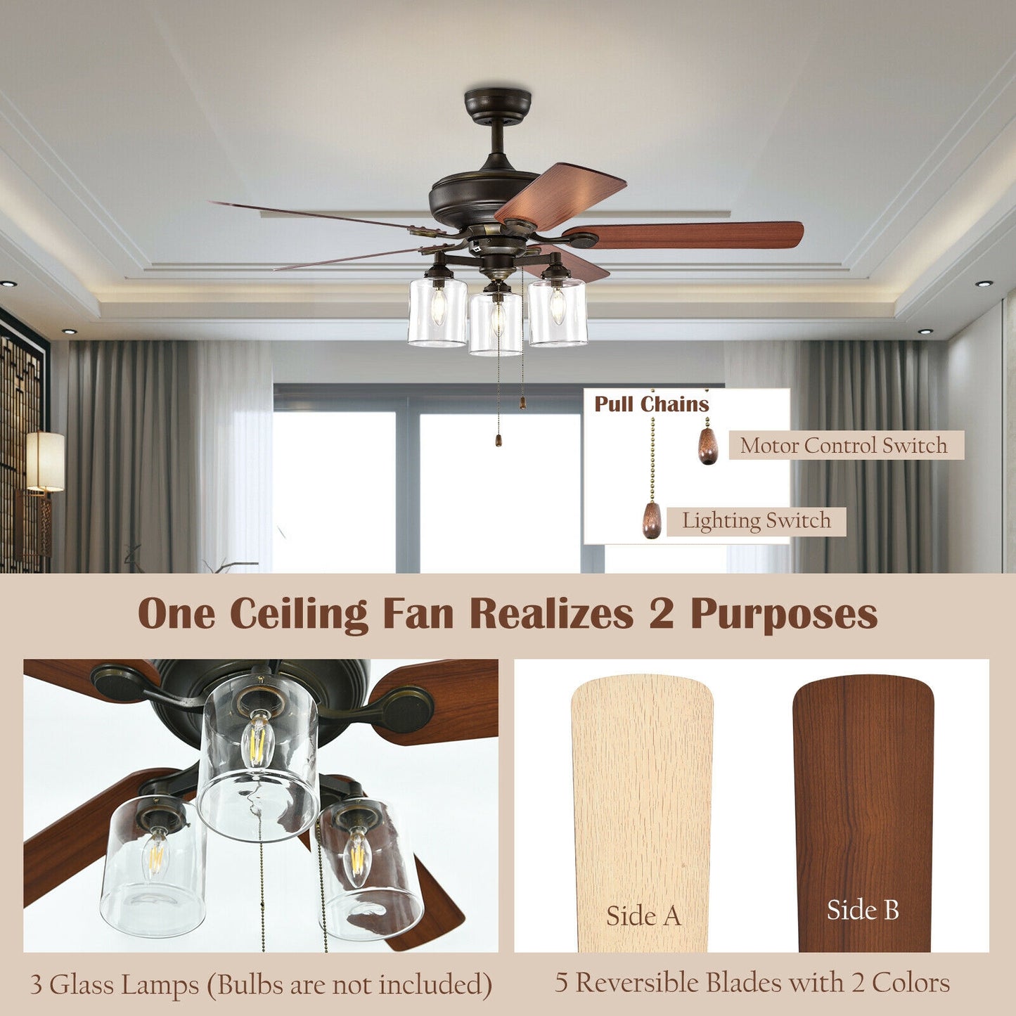 52 Inch Ceiling Fan Light with Pull Chain and 5 Bronze Finished Reversible Blades Kids Crystal