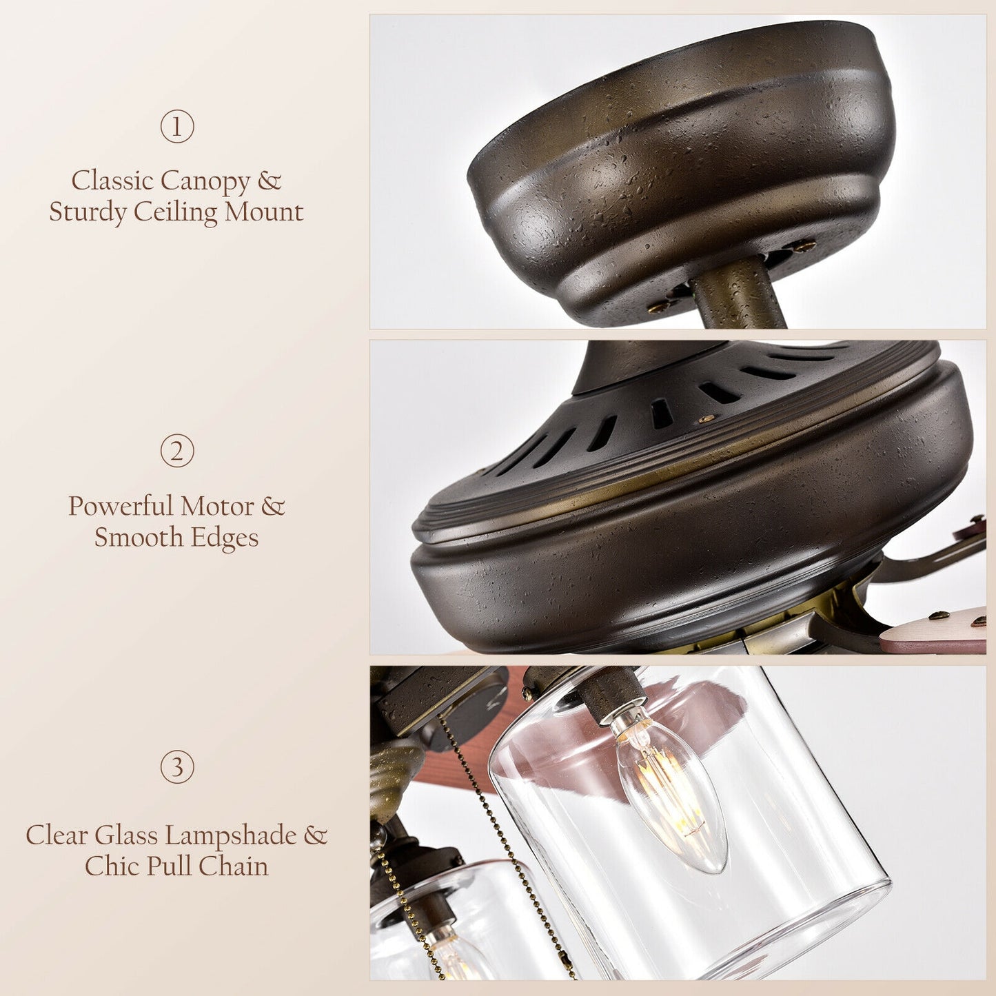 52 Inch Ceiling Fan Light with Pull Chain and 5 Bronze Finished Reversible Blades Kids Crystal