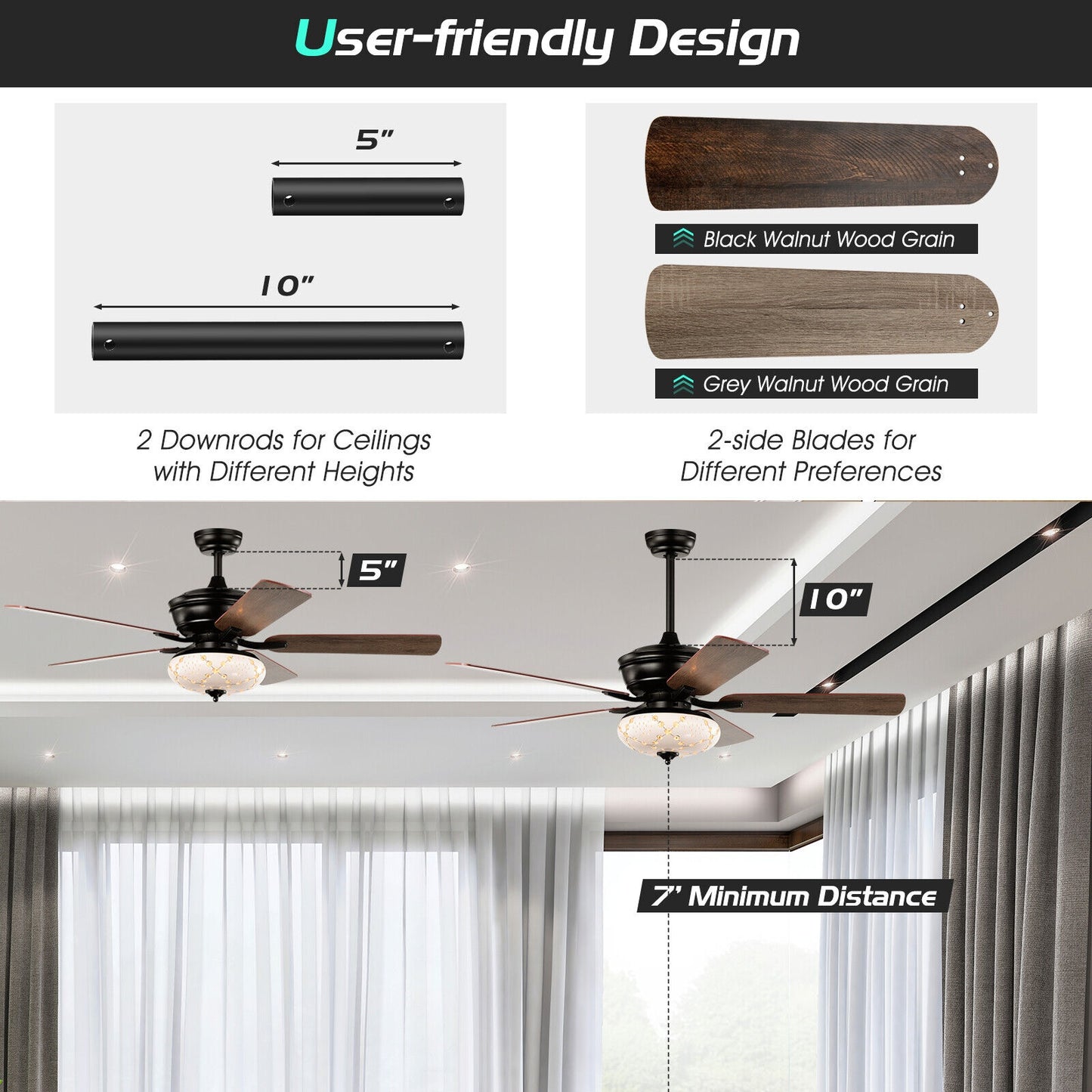 52 Inch Ceiling Fan with 3 Wind Speeds and 5 Reversible Blades-Black Kids Crystal