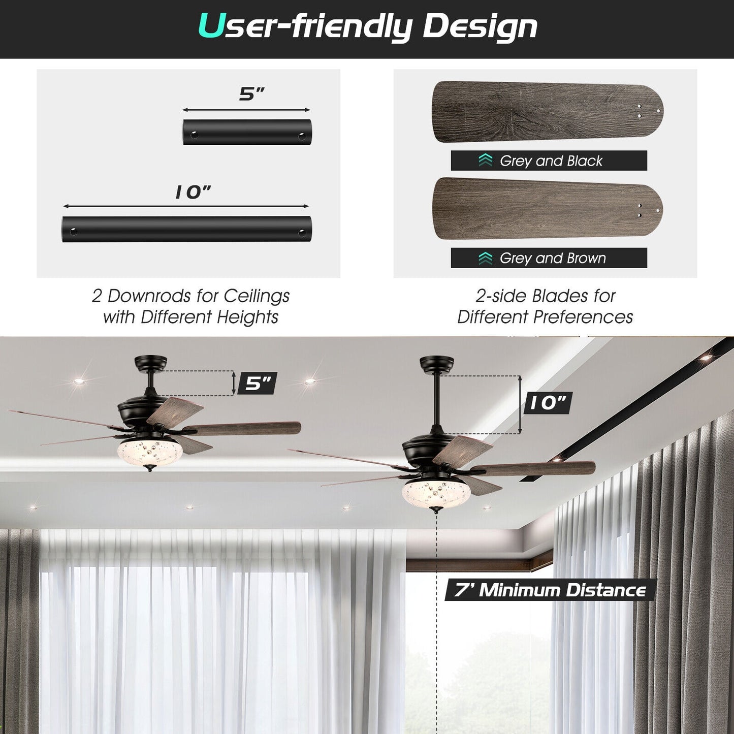 52 Inch Ceiling Fan with 3 Wind Speeds and 5 Reversible Blades-Gray Kids Crystal