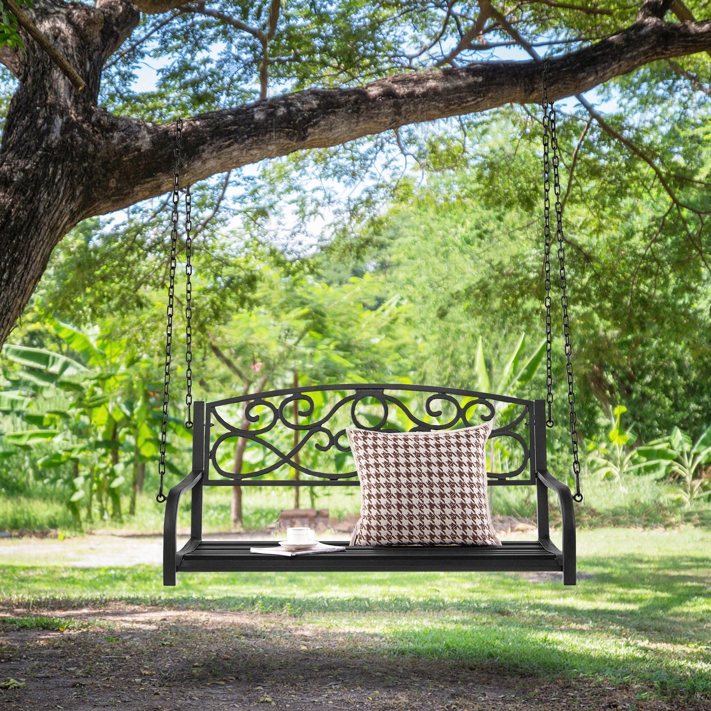 Outdoor 2-Person Metal Porch Swing Chair with Chains-Black Kids Crystal