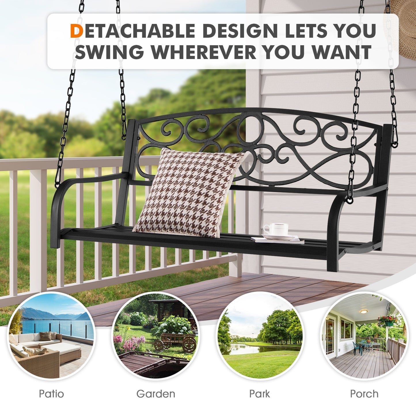 Outdoor 2-Person Metal Porch Swing Chair with Chains-Black Kids Crystal