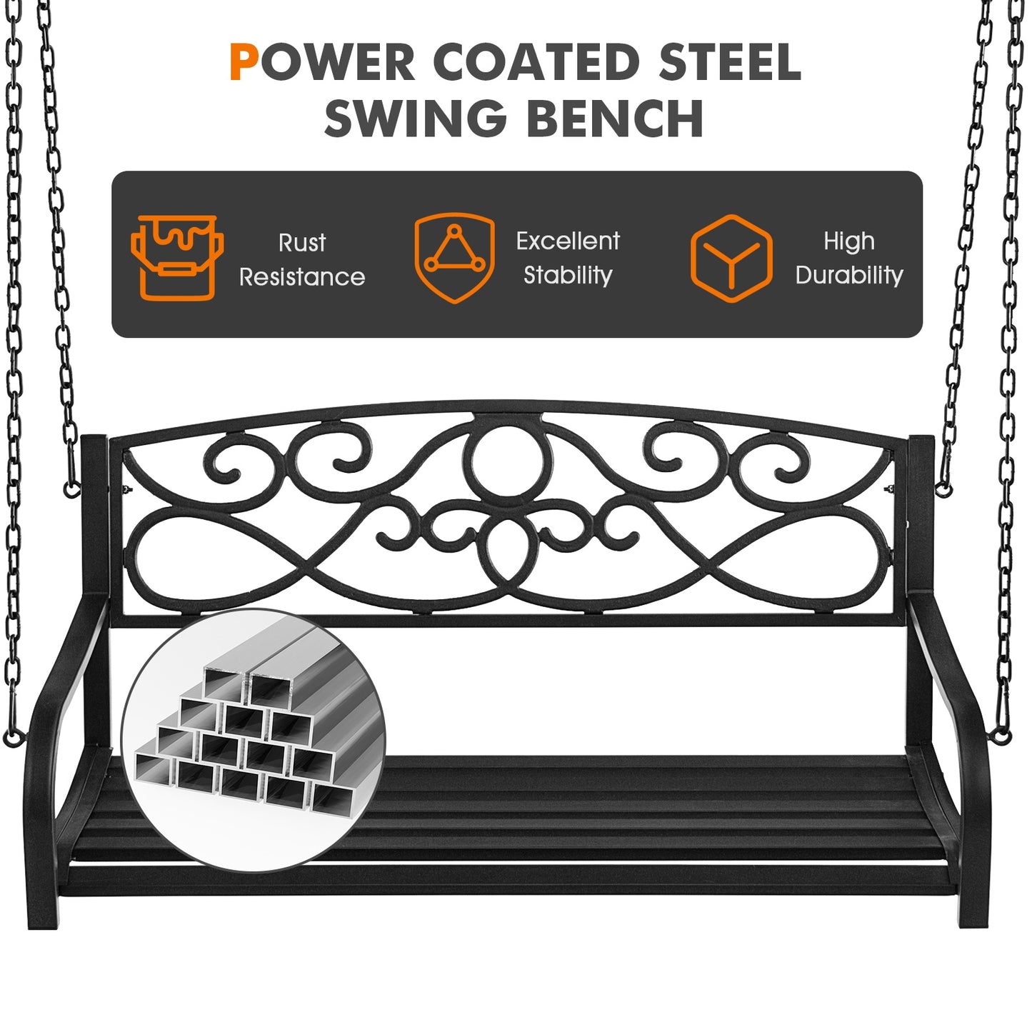 Outdoor 2-Person Metal Porch Swing Chair with Chains-Black Kids Crystal